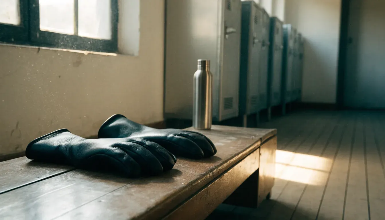 Ein Paar Kampfsporthandschuhe liegt auf einer Holzbank neben einer Wasserflasche in einer ruhigen Umkleide, durch ein hohes Fenster fällt Tageslicht.