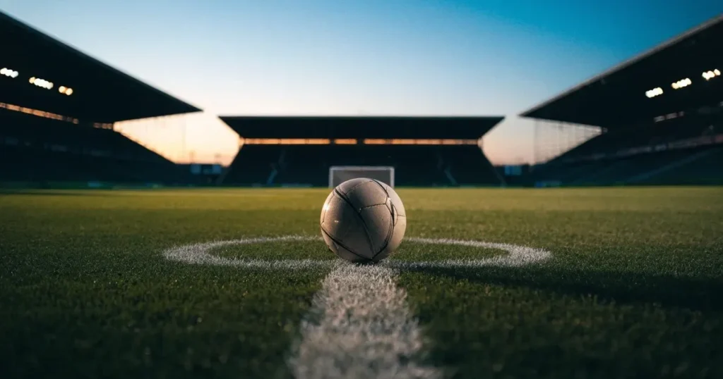 Ein Fussball liegt auf dem Mittelpunkt eines leeren Rasens, im Hintergrund steigen steile Tribünen in der Dämmerung auf.