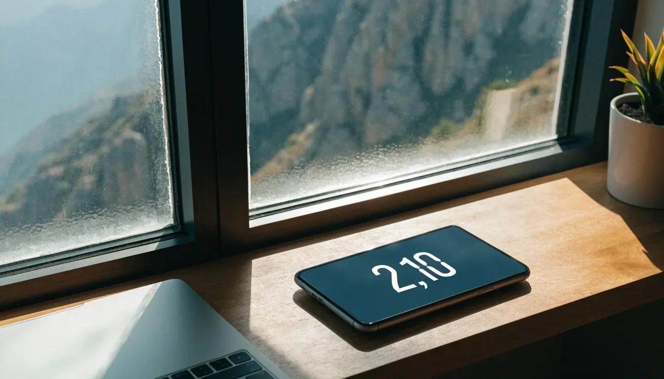 Ein Schreibtisch mit einem geschlossenen Laptop und einer Zimmerpflanze vor einem Fenster mit Blick auf eine Bergkette im Morgenlicht.