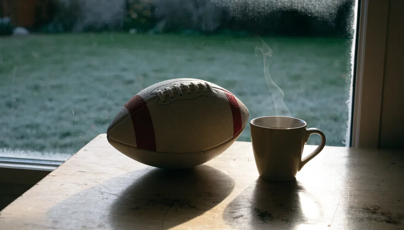 Ein Kaffeebecher und ein Football stehen auf einem Küchentisch am Morgen, durch das Fenster sieht man einen Garten mit Raureif.
