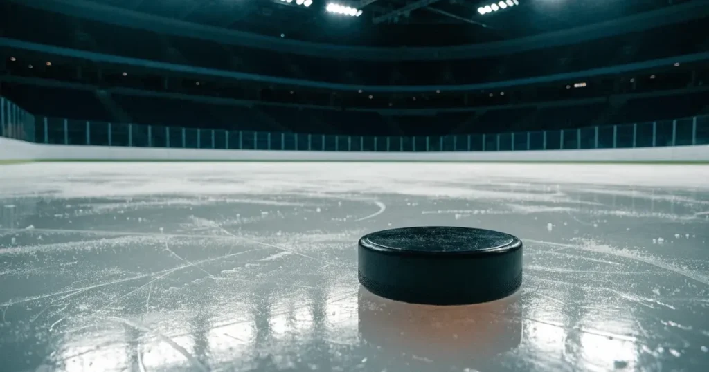 Ein Eishockeypuck liegt auf einer glatten Eisfläche, im Hintergrund erheben sich die dunklen Ränge einer leeren Halle.