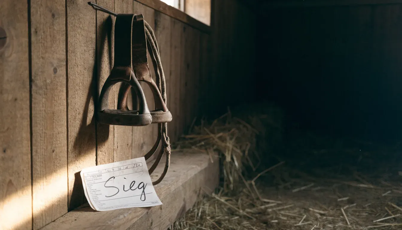 Lederne Steigbügel und ein Zügel hängen an einer Holzwand in einem ruhigen Stall, Heu liegt im Licht eines kleinen Fensters.