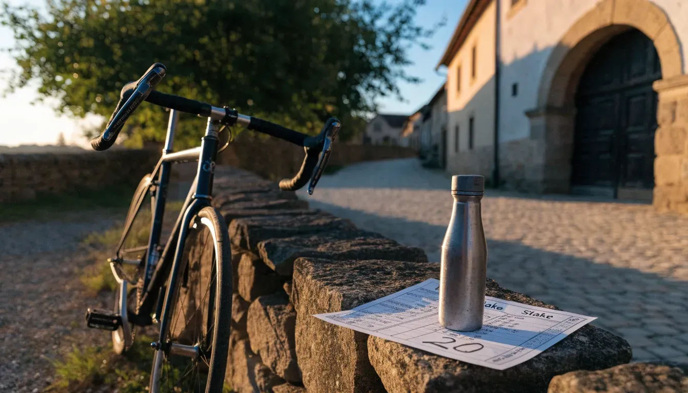 Ein Rennrad lehnt an einer Steinmauer am Rand eines Dorfplatzes, daneben eine Trinkflasche im ersten Sonnenlicht.
