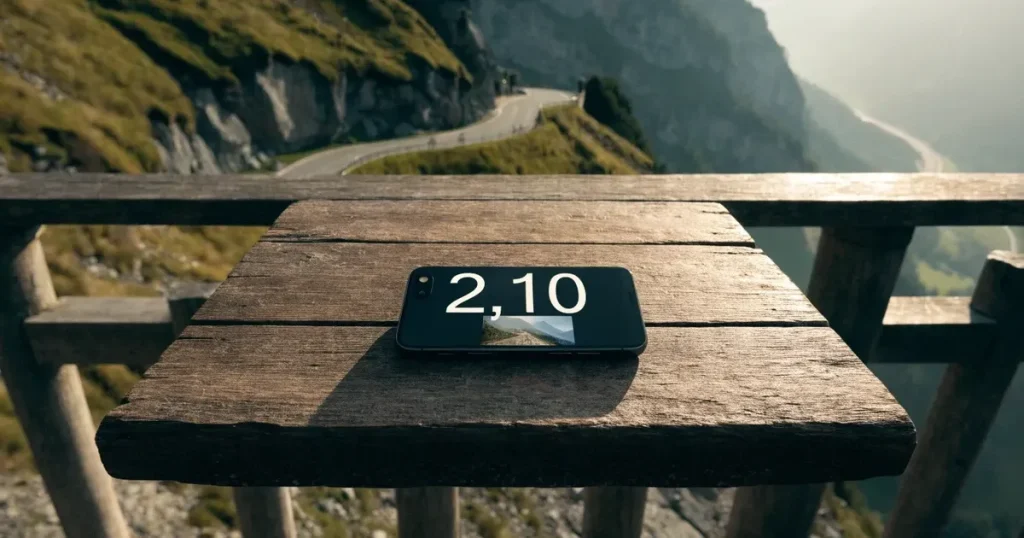 Eine Landstrasse schlängelt sich einen Alpenpass hinauf, am Strassenrand liegt feuchtes Gras und die Morgensonne färbt die Felsen.