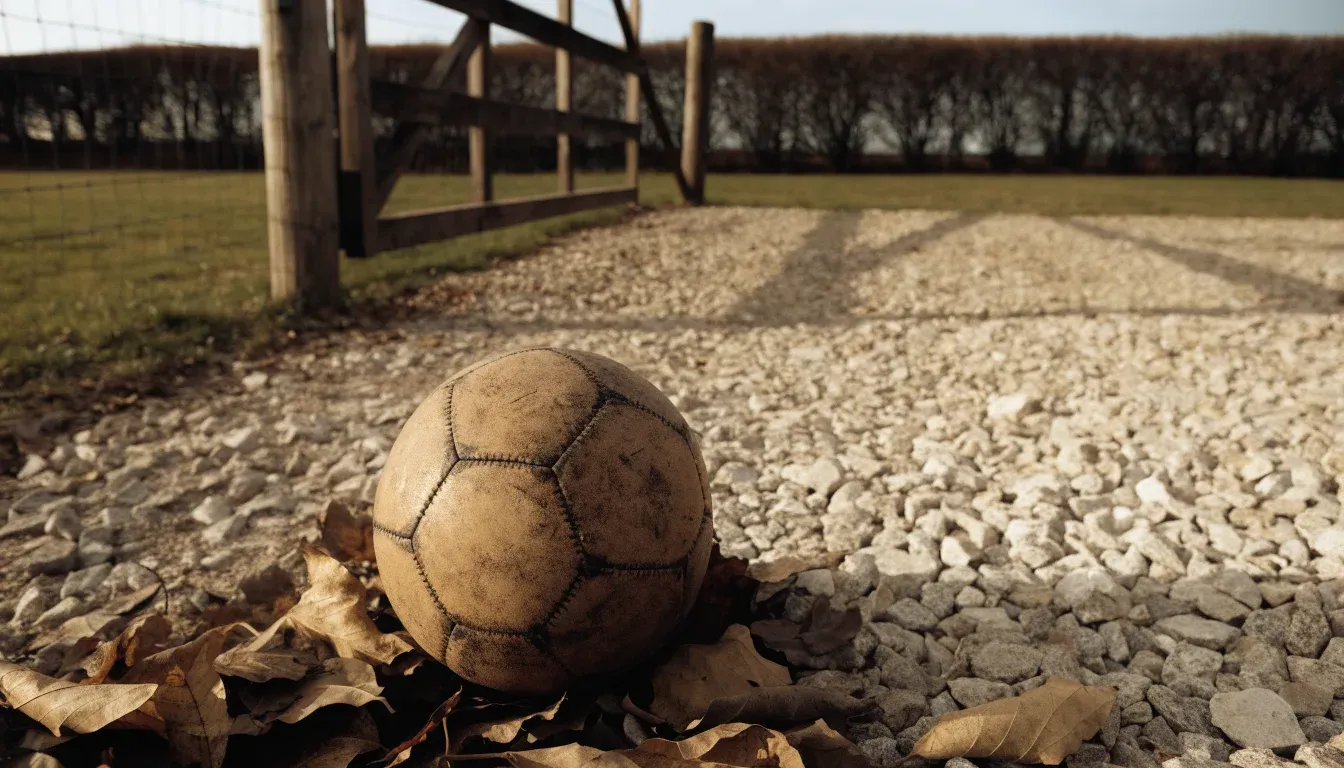 Ein abgenutzter Fussball liegt auf einem Kiesweg neben dem Eingang eines Vereinsplatzes, Laub liegt auf dem Boden.