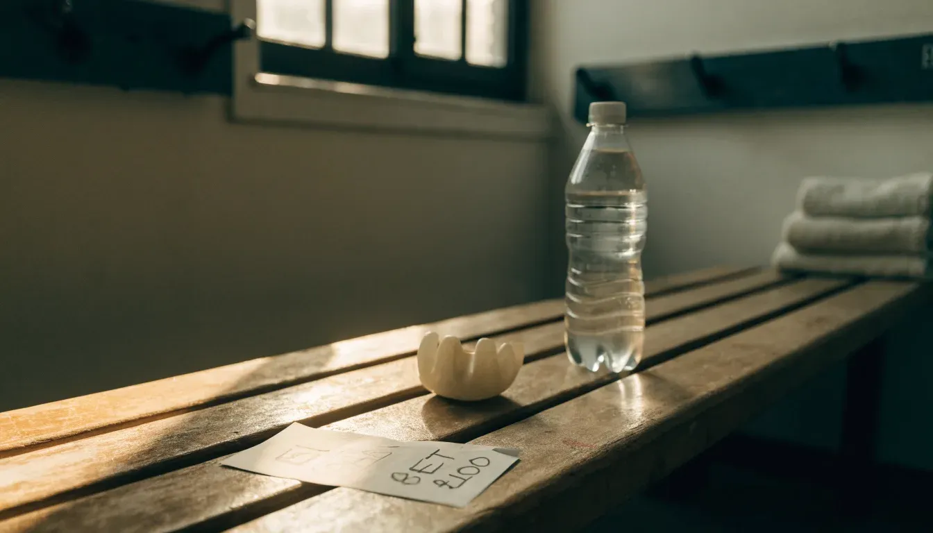 Ein Mundschutz liegt auf einer Holzbank neben einer Trinkflasche in einer schlichten Kabine, durch das Fenster fällt Morgenlicht.