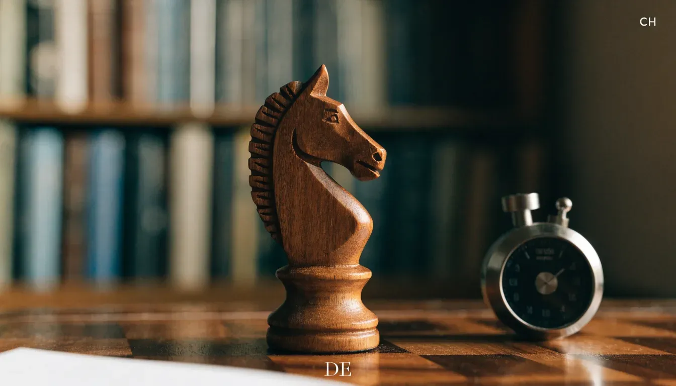 Ein Springer aus Holz steht allein auf einem Brett neben einer Schachuhr aus Metall, im Hintergrund unscharfe Bücherregale.
