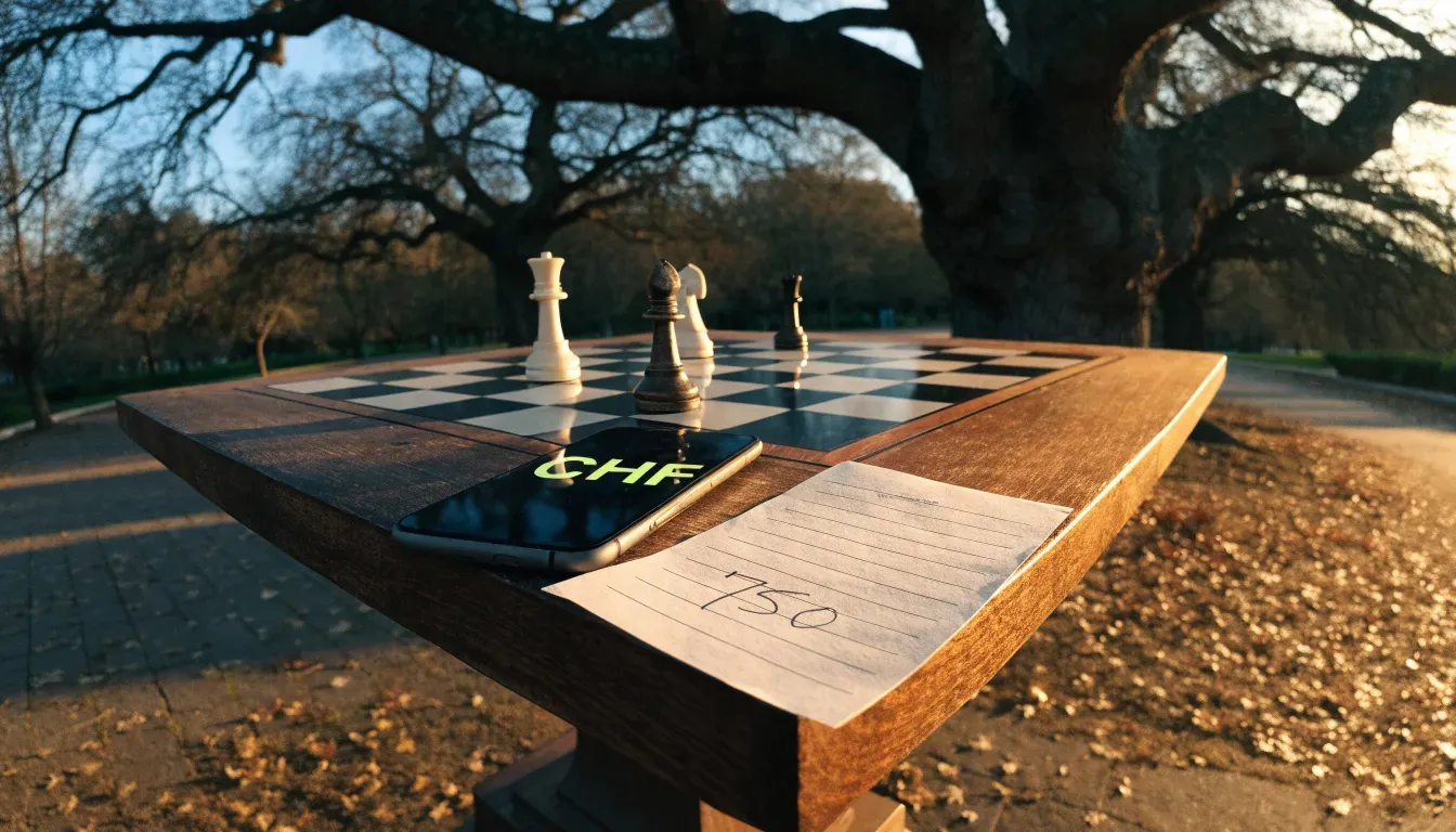 Ein Parkbank-Tisch mit eingelassenem Spielfeld unter alten Kastanien, auf den Wegen liegt Laub und die Sonne steht tief.