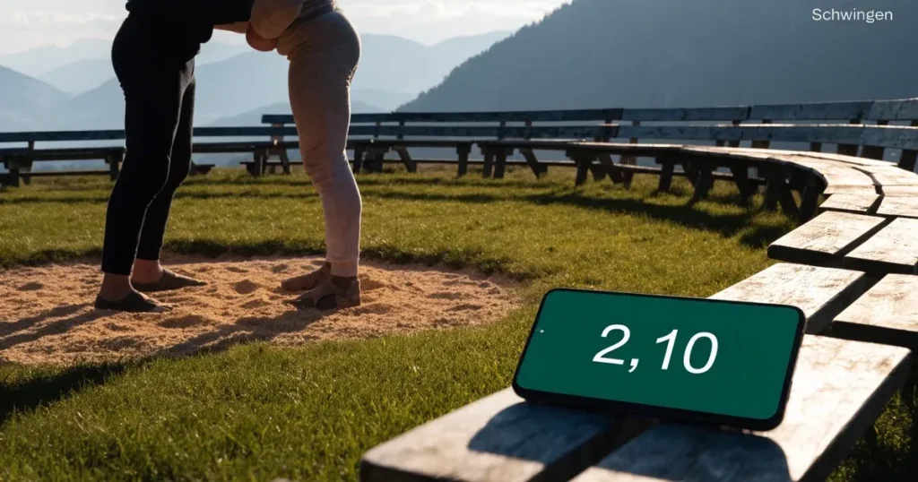 Ein kreisrunder Sägemehlring auf einer Wiese in den Voralpen, leere Holzbänke ringsum, im Hintergrund Berge im Morgenlicht.
