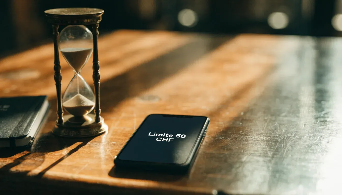 Eine Sanduhr steht auf einem Holztisch neben einem umgedrehten Smartphone, warmes Licht fällt von der Seite ein.