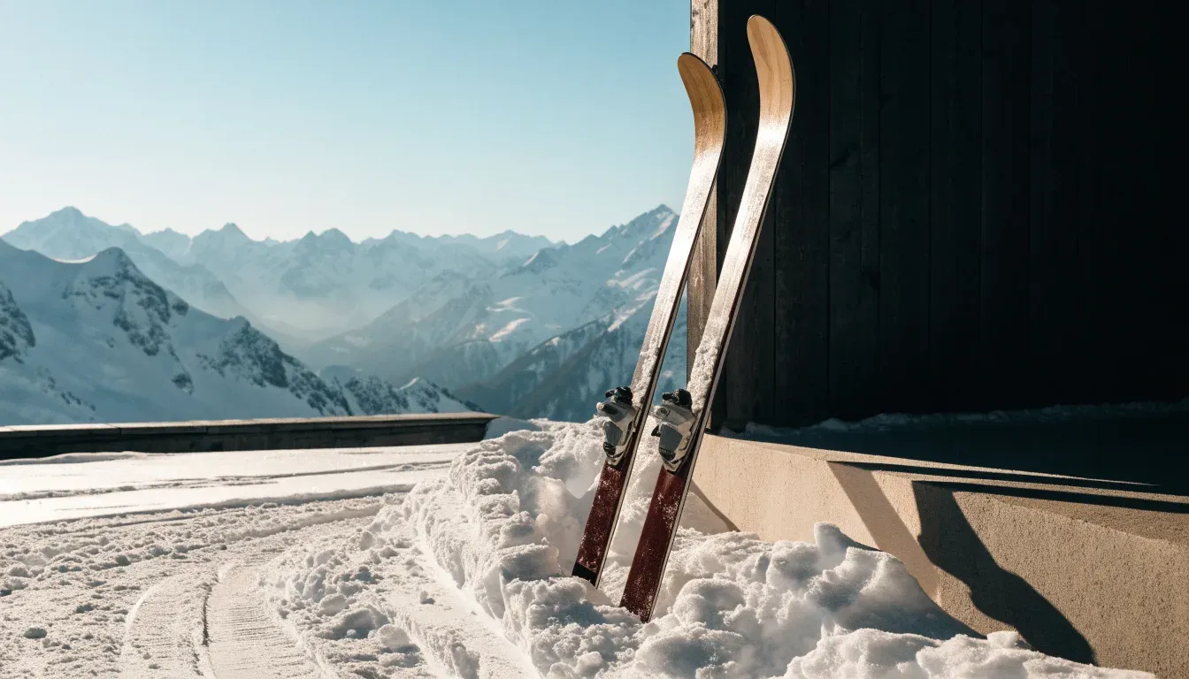 Zwei Skier stecken aufrecht im Schnee neben einer Holzhütte, dahinter ein weites Alpenpanorama bei klarem Himmel.