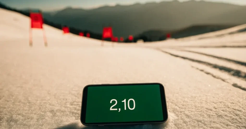 Ein frisch präparierter Hang mit Slalomstangen in einer Reihe im ersten Morgenlicht, Schneespuren im Hang und Berge im Hintergrund.