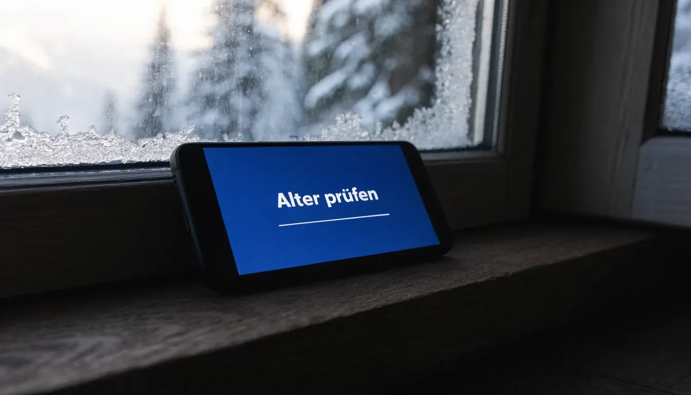 Ein vereistes Fenster einer Berghütte mit Blick auf verschneite Tannen im blassen Winterlicht.