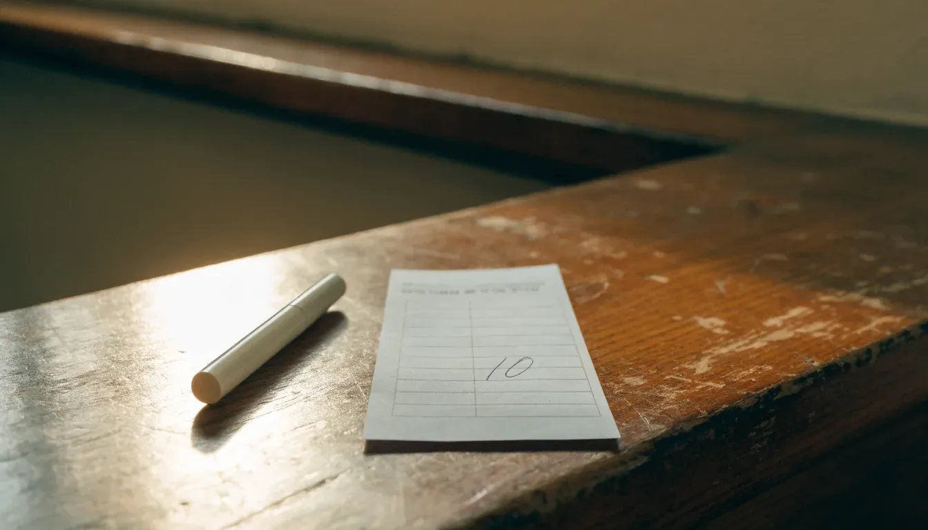 Ein leerer Wettschein aus Papier und ein Kugelschreiber liegen auf einer hölzernen Theke im Nachmittagslicht.