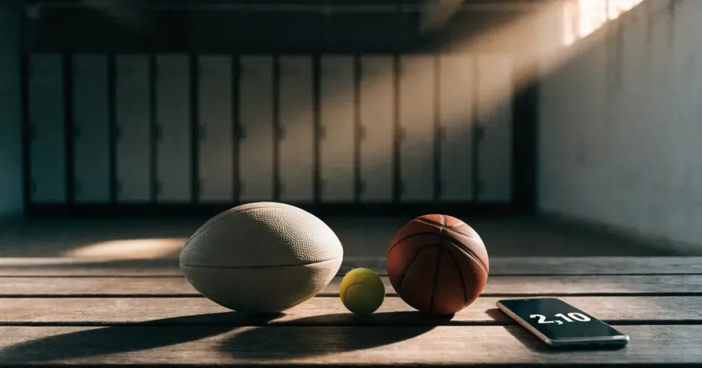 Drei Sportbälle, ein Fussball, ein Tennisball und ein Basketball, liegen nebeneinander auf einer Holzbank.