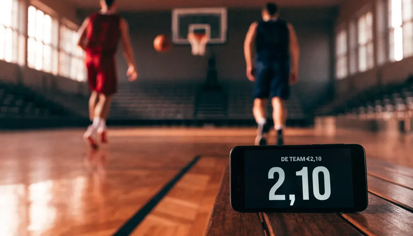 Ein Basketballkorb hängt in einer leeren Turnhalle, durch hohe Fenster fällt Licht auf das Holzparkett.