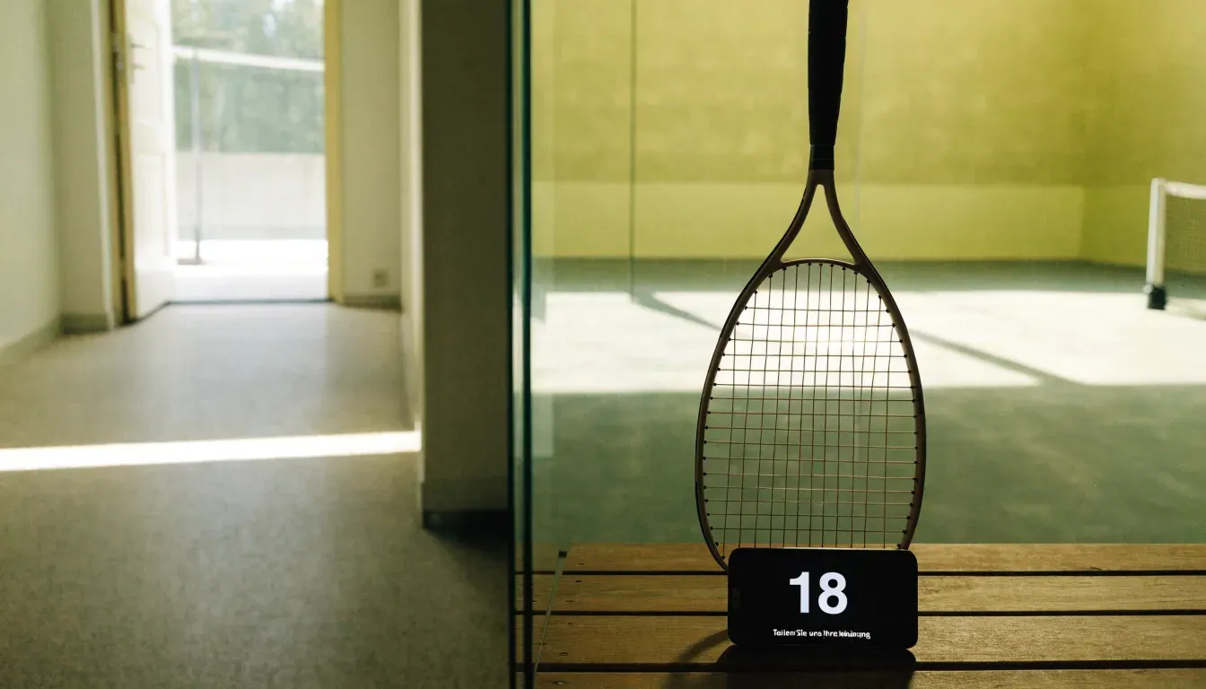 Ein Squashschläger lehnt an der Glaswand eines leeren Courts, draussen fällt Tageslicht in den Gang.