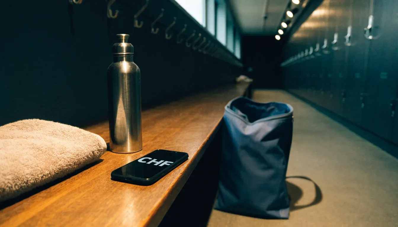 Ein Frottiertuch und eine Trinkflasche liegen auf einer Bank neben einer Sporttasche in einer ruhigen Garderobe.