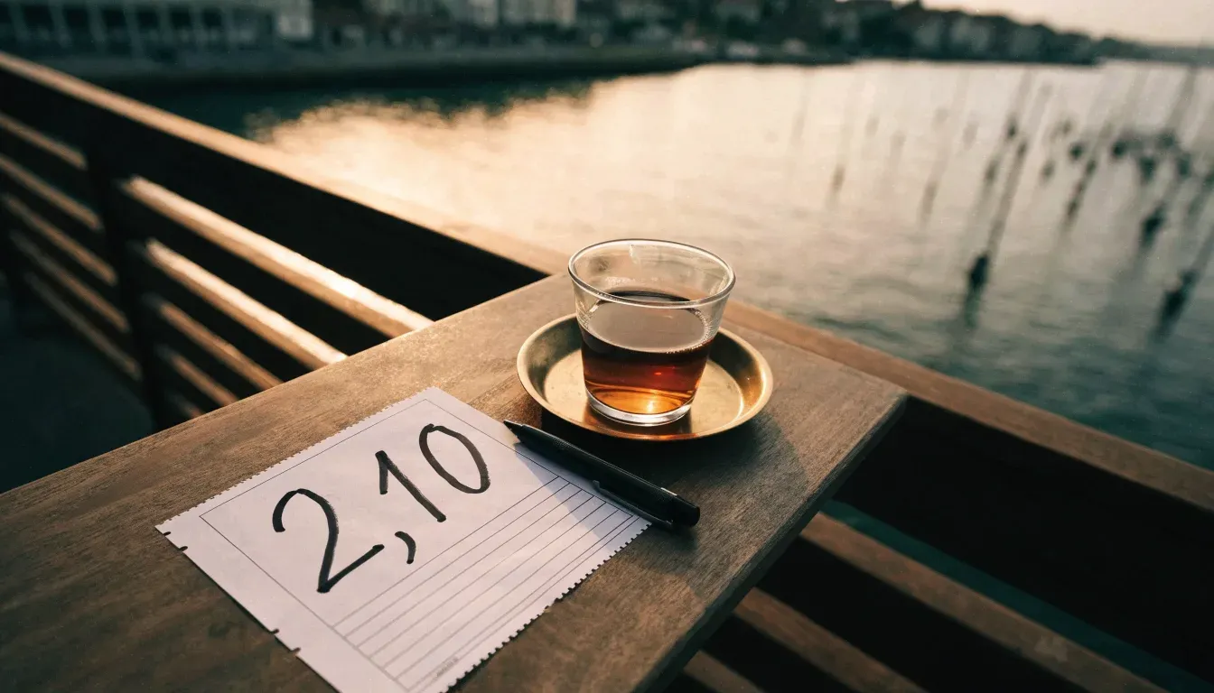 Ein Teeglas auf einem kleinen Messingtablett steht auf einem Tisch eines Hafencafés, im Hintergrund glitzert eine Meerenge.