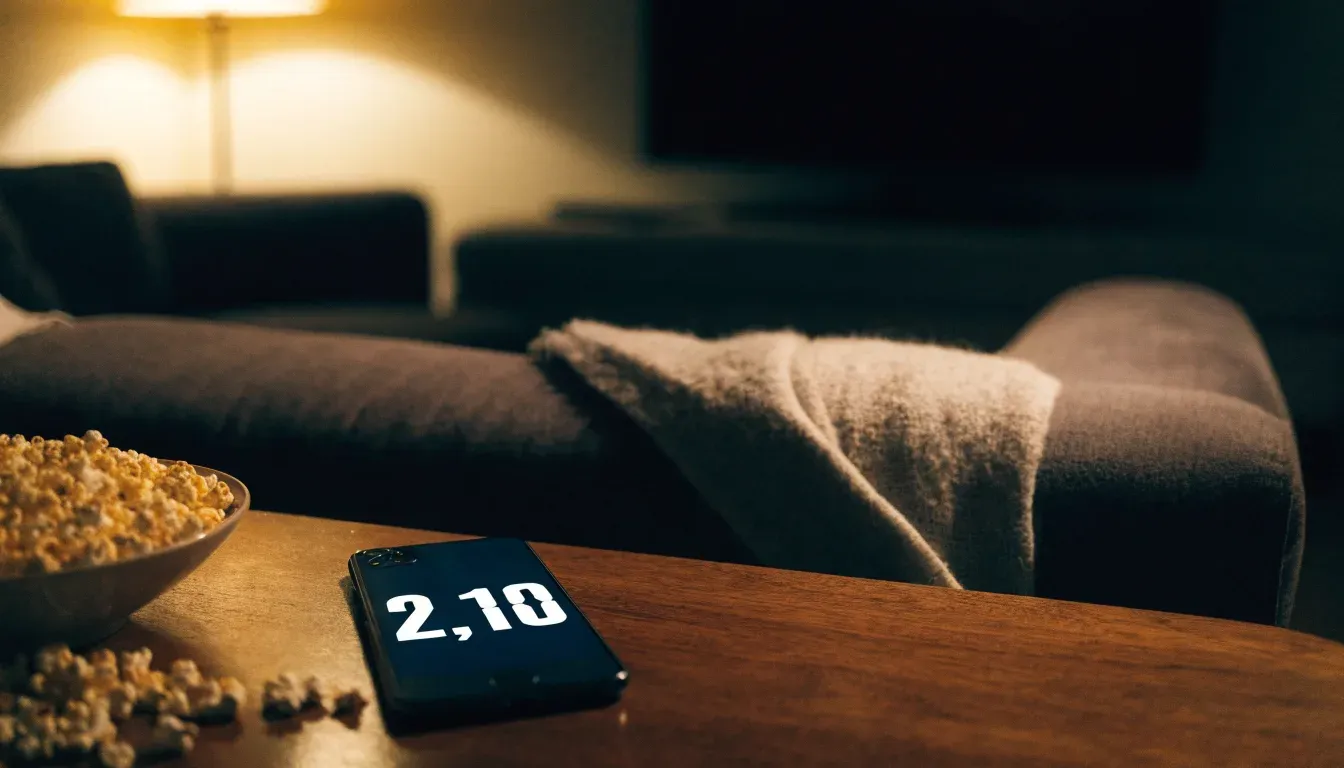 Ein Sofa mit Wolldecke und eine Schale Popcorn auf dem Couchtisch in einem Wohnzimmer bei Lampenlicht am späten Abend.