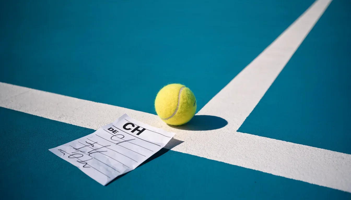 Zwei Tennisbälle liegen auf der weissen Grundlinie eines Hartplatzes im grellen Sonnenlicht.