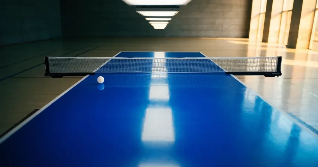 Eine Tischtennisplatte mit Netz in einer leeren Sporthalle, ein heller Ball liegt auf einer Seite, Deckenlicht spiegelt sich im Hallenboden.