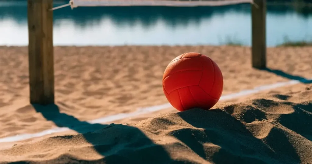 Ein Volleyball liegt im Sand eines Beachplatzes, zwischen zwei Pfosten ist ein Netz gespannt, tiefe Abendsonne wirft lange Schatten.