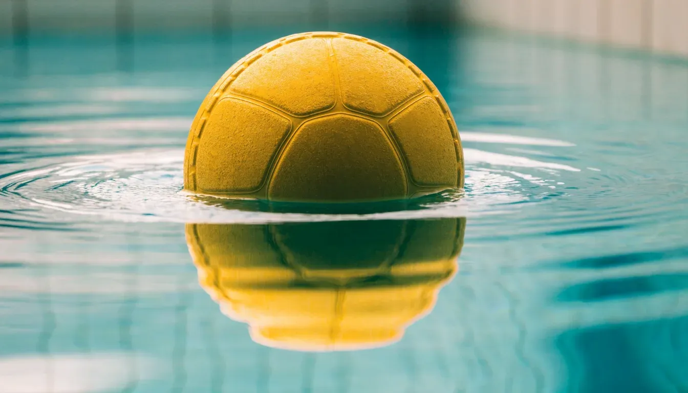 Ein gelber Ball treibt auf ruhigem türkisfarbenem Beckenwasser, feine Wellen im weichen Licht.