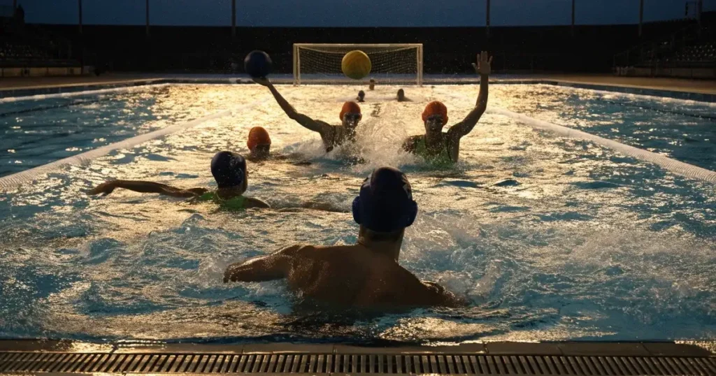 Ein Wasserballbecken am Abend mit zwei schwimmenden Torrahmen an den Enden, ruhiges blaues Wasser, leere Ränge.