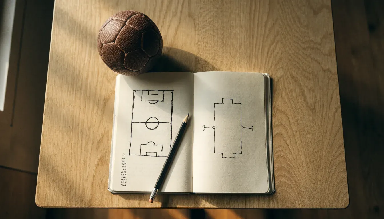 Ein aufgeschlagenes Notizbuch mit Bleistiftskizzen und ein kleiner Fussball liegen auf einem Holztisch im Tageslicht.