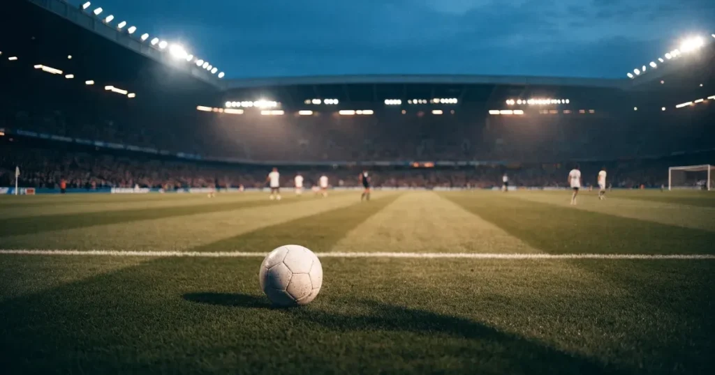 Ein Fussball liegt auf dem Anstosspunkt eines leeren Rasenplatzes, dahinter ragen die Ränge eines grossen Stadions in der Abenddämmerung auf.