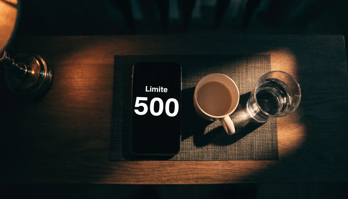Ein Smartphone mit dunklem Display liegt neben einer Kaffeetasse und einem Glas Wasser auf einem Holztisch im Licht einer Lampe.