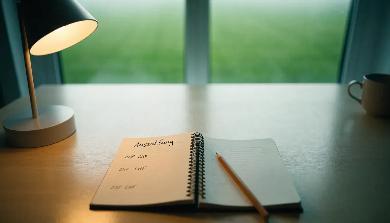 Ein Schreibtisch am Fenster mit Schreibtischlampe, Bleistift und leerem Block, draussen liegt ein Fussballplatz im Dunst.
