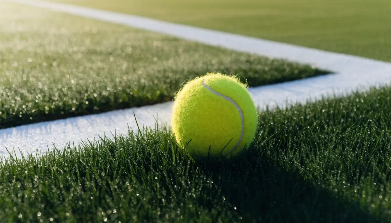 Ein gelber Tennisball liegt im Gras neben der weissen Grundlinie, Tau glitzert auf den Halmen im flachen Sonnenlicht.