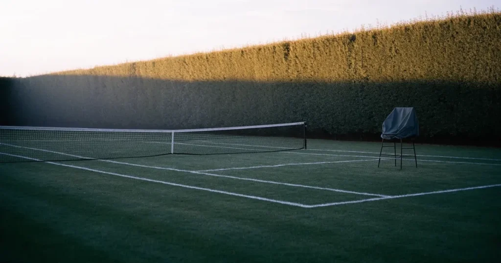 Ein Tennisplatz aus Rasen im ersten Morgenlicht mit frisch gezogenen Linien, einem Netz und einem leeren Schiedsrichterstuhl, dahinter hohe Hecken.