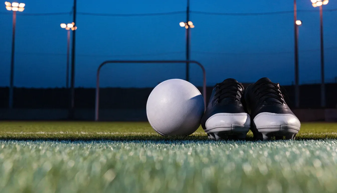 Ein Fussball und ein Paar Stollenschuhe stehen am Rand eines Kunstrasenplatzes, Flutlichtmasten ragen in den Abendhimmel.