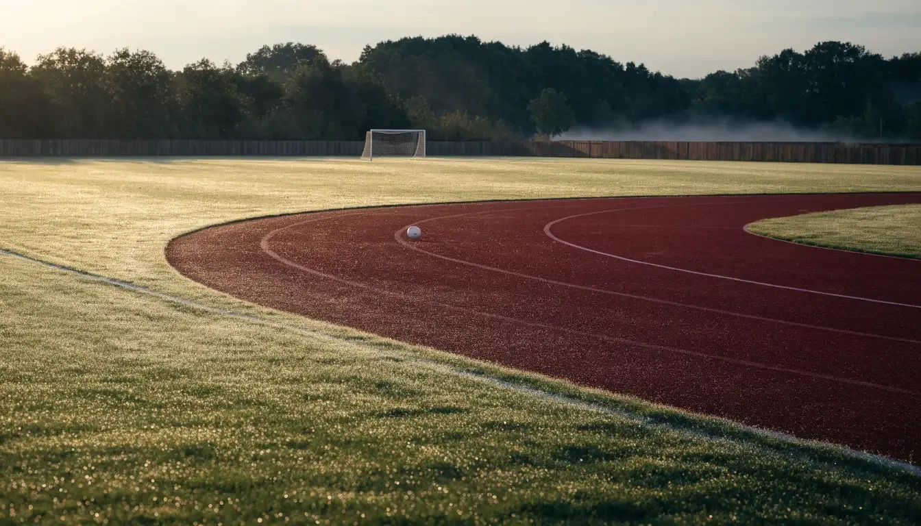 Eine rote Laufbahn umringt ein Fussballfeld beim Sonnenaufgang, auf dem Rasen liegt Tau.