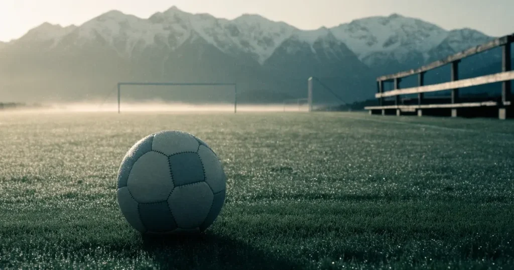 Ein Fussball liegt am frühen Morgen auf dem Rasen eines leeren Fussballfeldes, dahinter eine kleine Tribüne und schneebedeckte Berge.