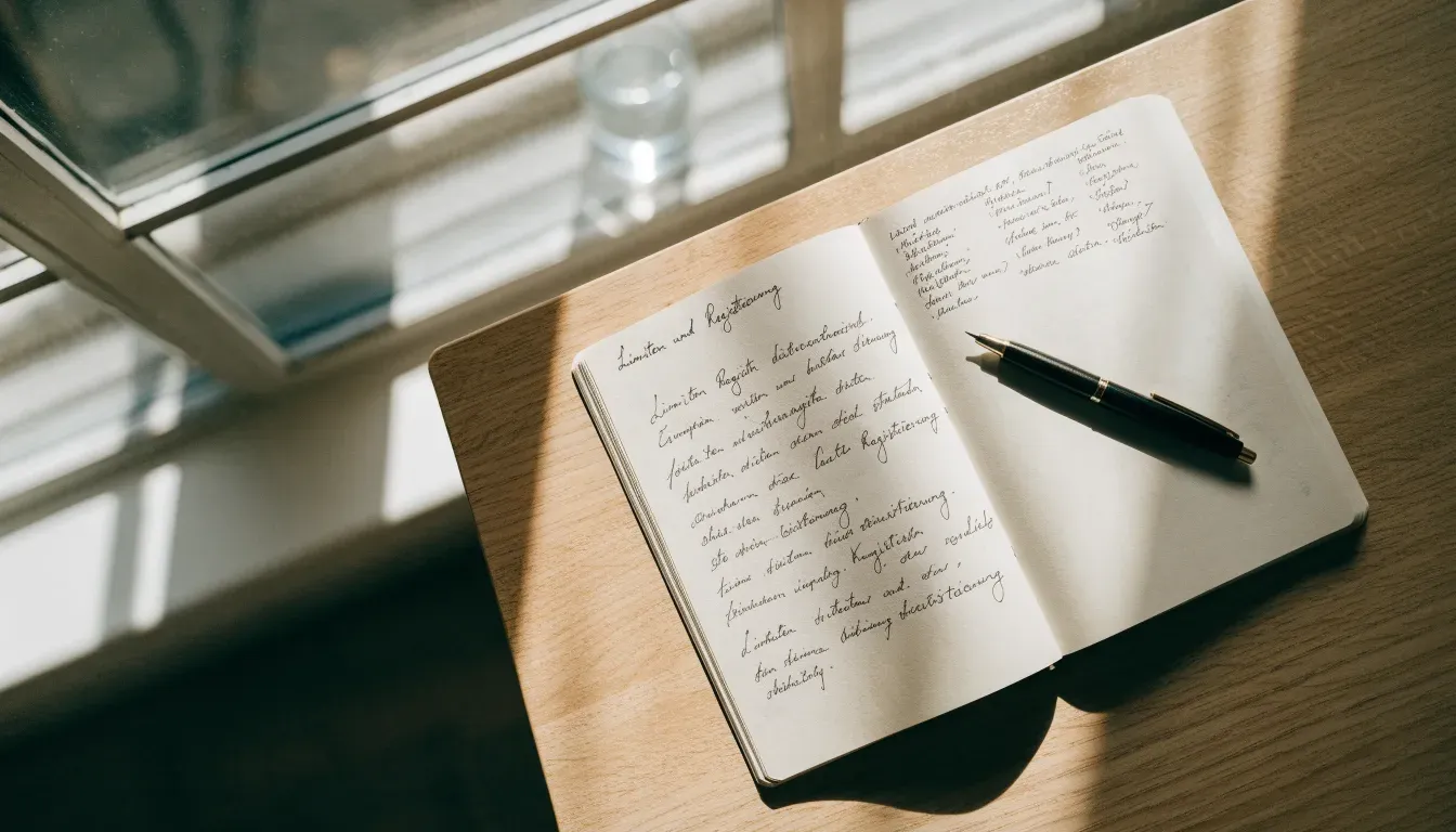Ein aufgeschlagenes Notizbuch mit handschriftlichen Notizen und ein Kugelschreiber liegen auf einem Holztisch neben einem Fenster mit Tageslicht.