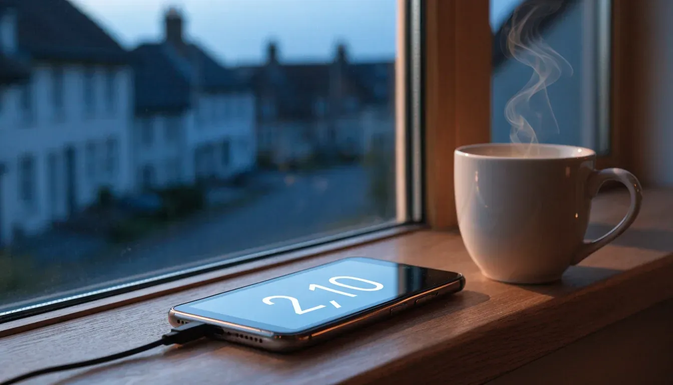 Eine Sanduhr steht auf einem Fensterbrett neben einer Tasse Tee, draussen dämmert es über einer ruhigen Strasse.
