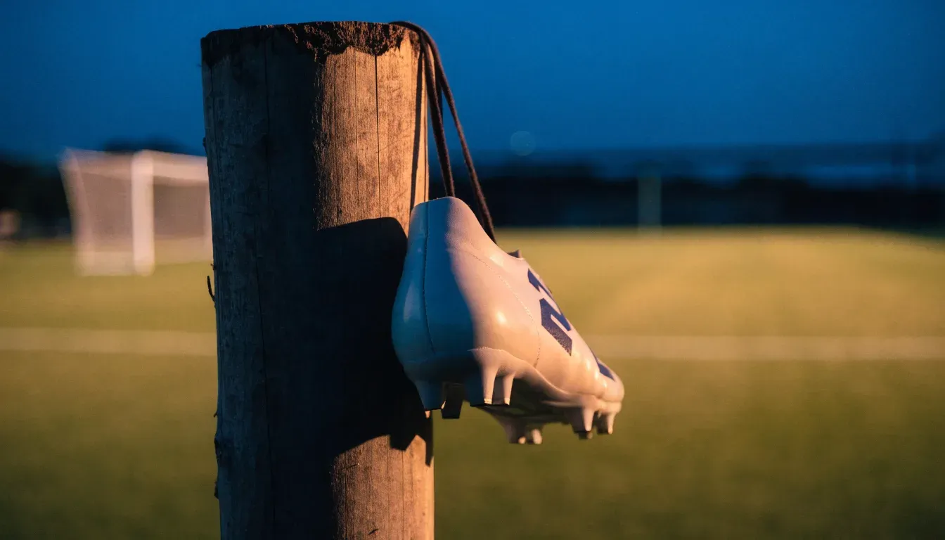Ein Fussballschuh hängt an den Schnürsenkeln an einem Zaunpfosten neben einem Trainingsplatz im Abendlicht.