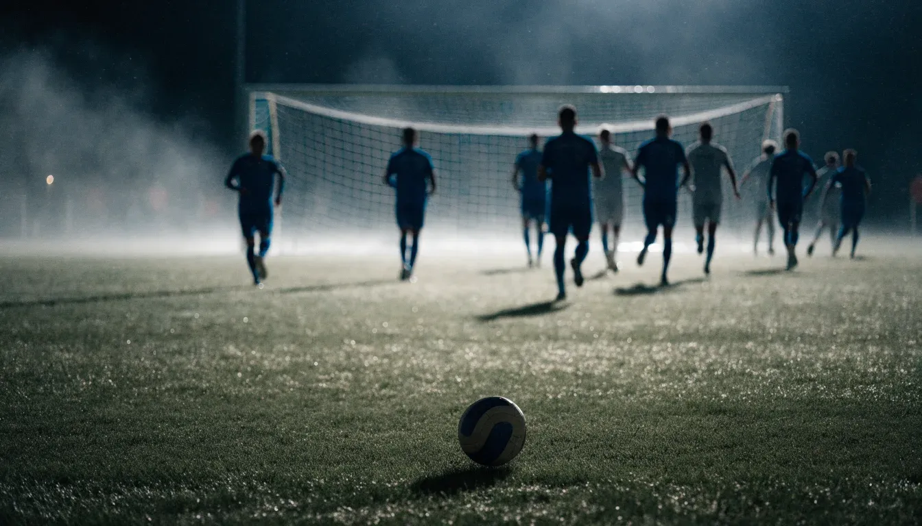 Ein Torpfosten mit Netz steht im Gegenlicht auf einem leeren Fussballplatz, über dem Rasen liegt Nebel.
