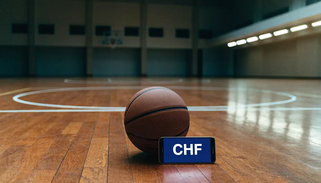 Ein Basketball liegt auf dem Parkett einer leeren Sporthalle im Licht der Deckenlampen.