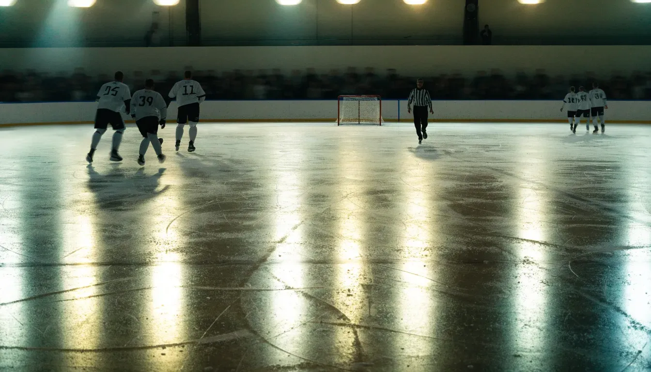 Ein Eishockeyschläger lehnt an der Bande einer leeren Halle, auf dem Eis spiegeln sich die Deckenlampen.