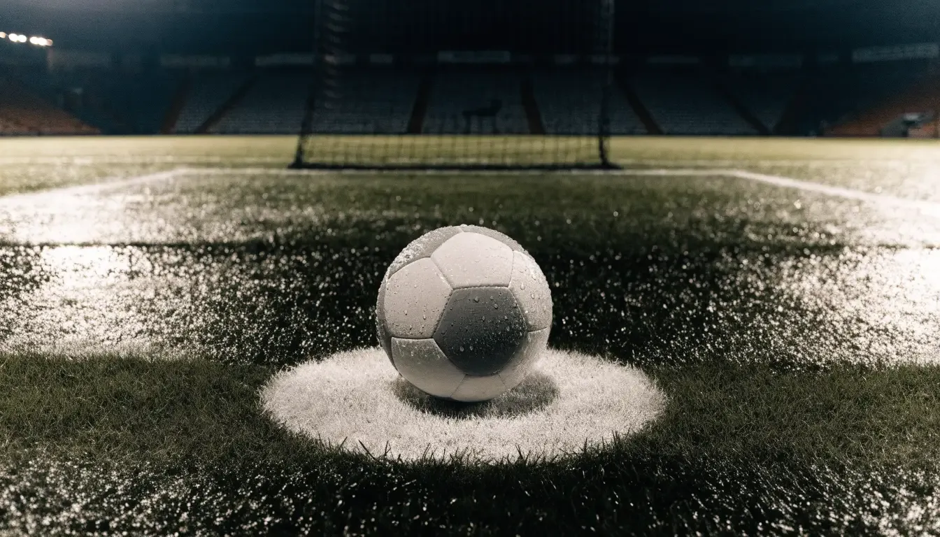 Ein einzelner Fussball liegt auf dem Elfmeterpunkt eines leeren Strafraums, der Rasen glänzt nass.