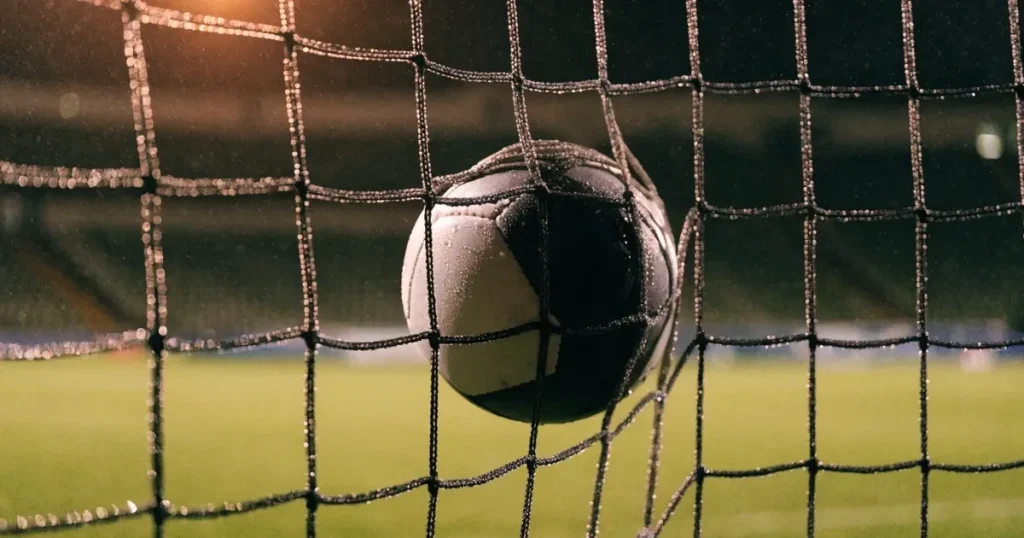 Ein Fussballnetz in Nahaufnahme, in dem ein Ball hängt, Wassertropfen glänzen auf den Maschen.
