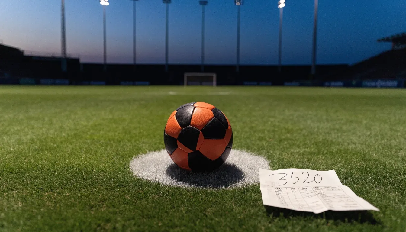 Ein Fussball liegt auf dem Mittelpunkt eines leeren Rasenplatzes, im Hintergrund ragen Flutlichtmasten in die Abenddämmerung