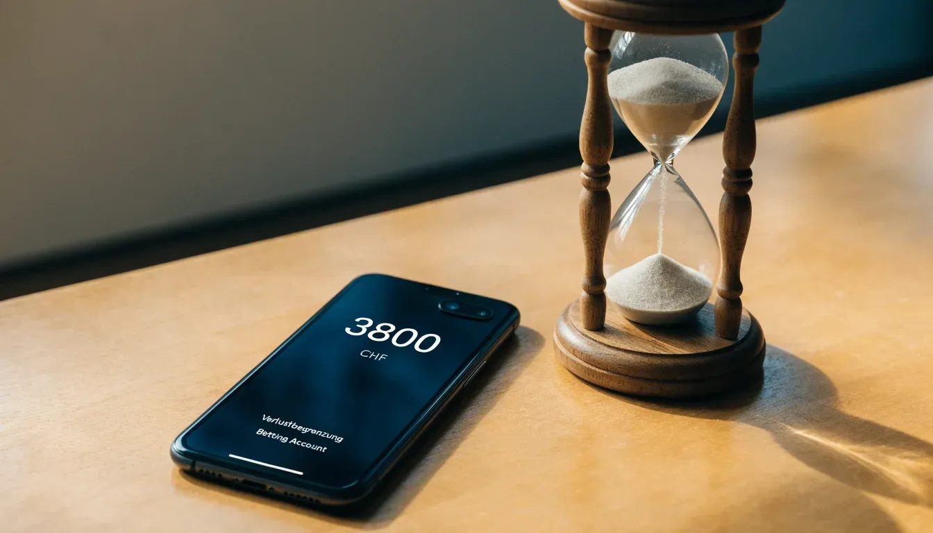 Eine Sanduhr steht neben einem Smartphone mit dunklem Display auf einem Holztisch, ruhiges Tageslicht fällt von der Seite ein