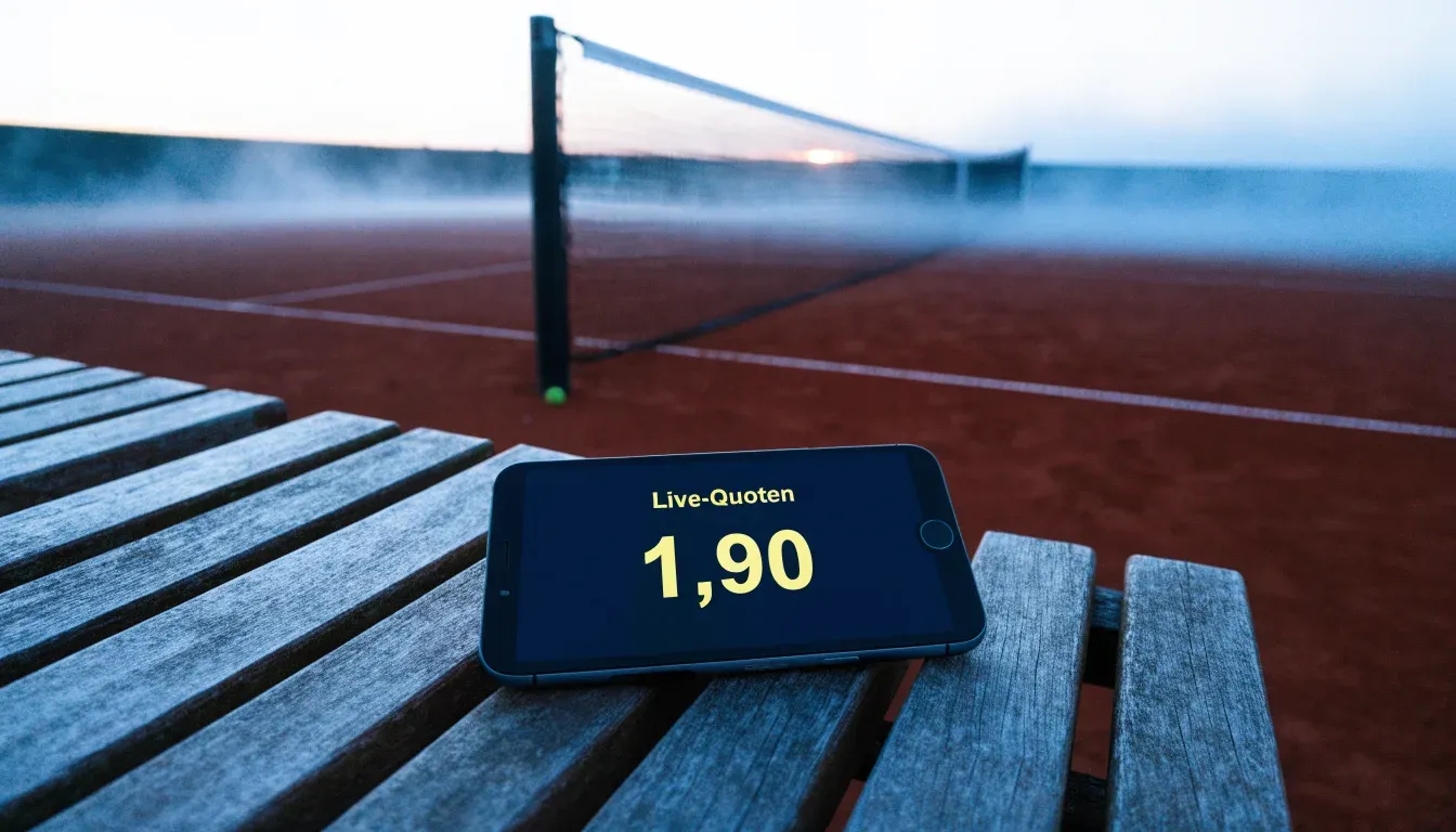 Ein Tennisplatz mit Sandbelag in der Morgendämmerung, Netz und Linien liegen im ersten Licht, Nebel hängt über dem Boden