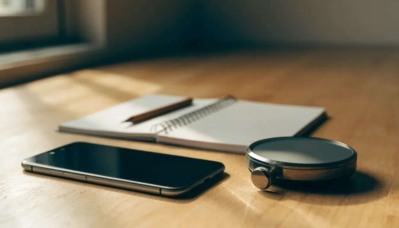 Eine Stoppuhr und ein Smartphone mit dunklem Display liegen nebeneinander auf einem Holztisch, weiches Fensterlicht